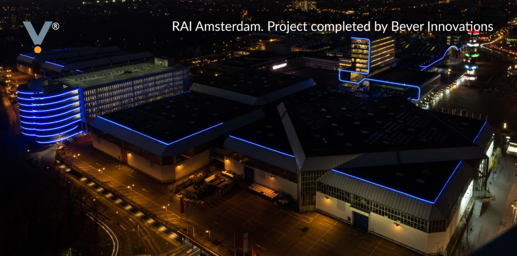Aerial view of Visive led contour lighting on Amsterdam Rai installed by Bever.